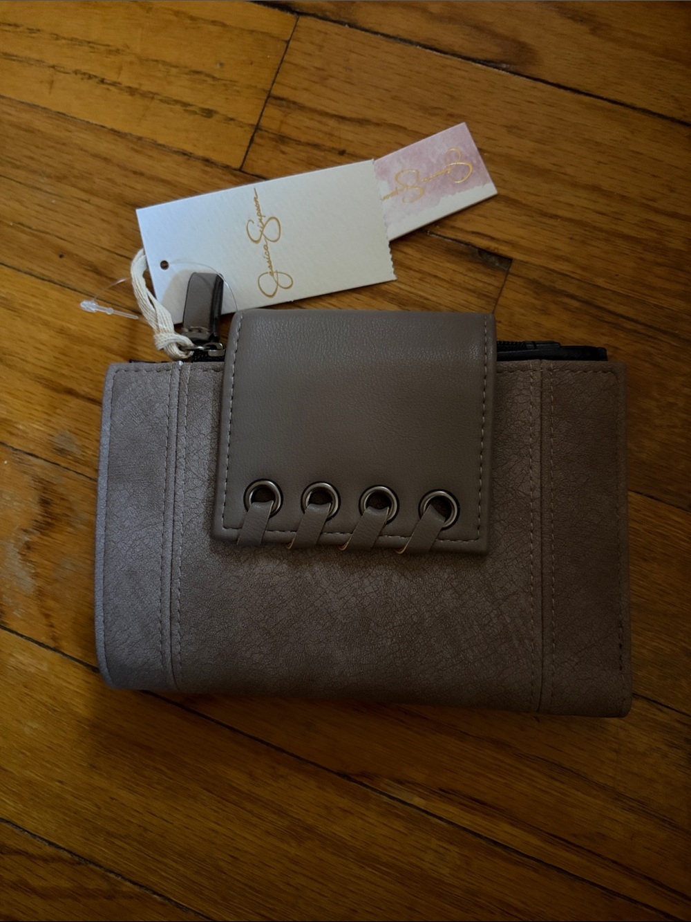 Jessica Simpson Taupe Fold-Over Wallet with Grommet Detail